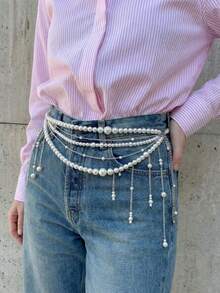 1pc French Style Elegant Luxury Multi-Layer Tassel Waist Chain Body Chain, Niche High-End Design Heavy Work Body Accessory For Dress And Pants Decoration - White Pearl - View 3