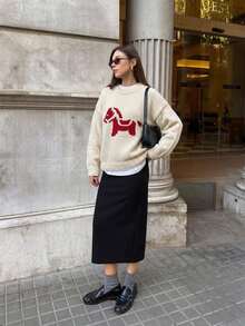 Women's Beige Red Horse Print Crew Neck Knit Sweater, Vintage Preppy Style Heavyweight Knit Pullover, Relaxed Casual Versatile Knit Top, Youthful Fun Long Sleeve Sweater For Autumn - Apricot - View 6