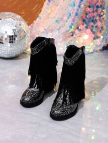 NILOSH Girls' Glitter Tassel Denim Boots, Western Mid-Calf Boots, Suitable For Parties, Dancing And Performances - Black - View 4