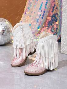 NILOSH Girls' Sequin Tassel Denim Boots, Western Mid-Calf Boots, Suitable For Party, Dance And Performance - White - View 6