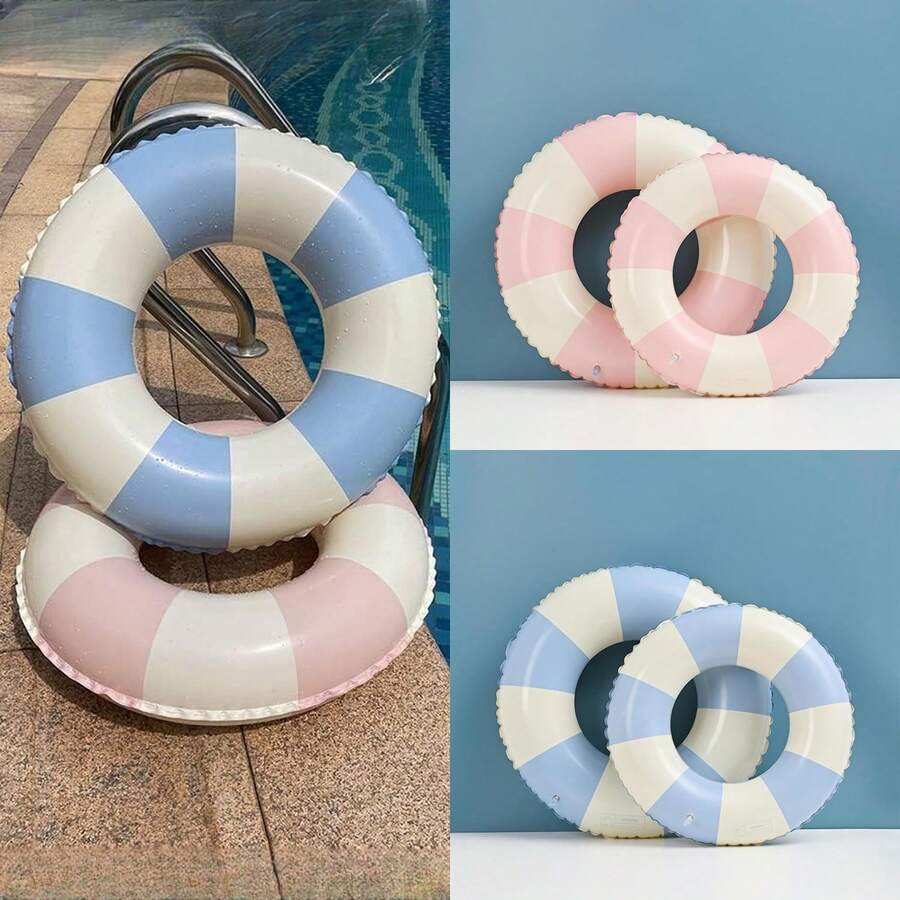 1pc Inflatable Swim Ring - Thickened PVC Material, Blue & Pink Striped, Perfect For Beach Parties And Swimming Pools
