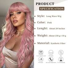 26-28 Inch Long Curly Sakura Pink Wig – Full-Cap Synthetic Fiber Rose Net Wig With Lolita-Style Side-Swept Bangs & Large Waves For A Youthful Vibe, Suitable For Halloween And Other Festive Occasions - 淺粉色 - 查看 2