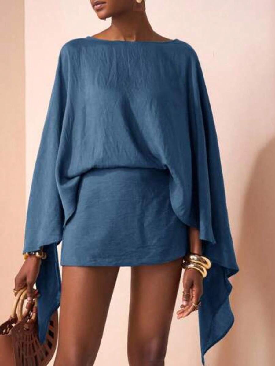 Conjunto de 2 piezas de blusa de manga larga holgada marrón y falda mini para otoño e invierno 2025, estilo elegante y casual para viajes, ofic - Azul - Ver 1