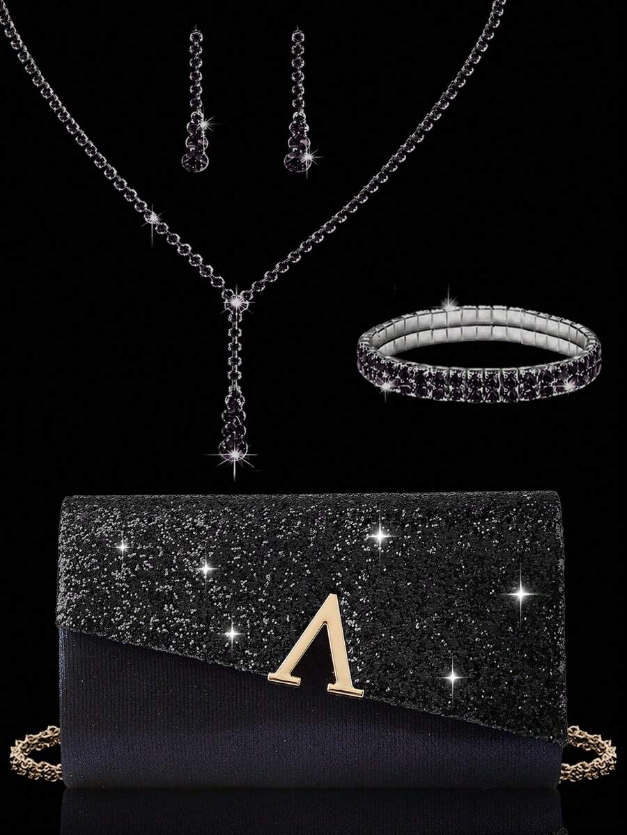 Shiny Luxury Women's Sequin Clutch, V-Shaped Metal Flap Bag, Letter Fashion Party Bag, Women's Ball Handbag, Women's Wedding Evening Bag, Shiny Luxury Diamond Jewelry Set, Sparkling Necklace, Earrings And Bracelet Set, Suitable For Matching Shiny Evening Gowns, Wedding Dresses And Party Outfits - Black - View 1