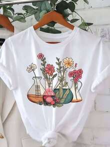Gift 1 Women's T-Shirt 100% Breathable Cotton [Scientific Floral Print Shirt] Women's Scientific And Botanical Laboratory Floral Print Shirt - 白色的 - 查看 1