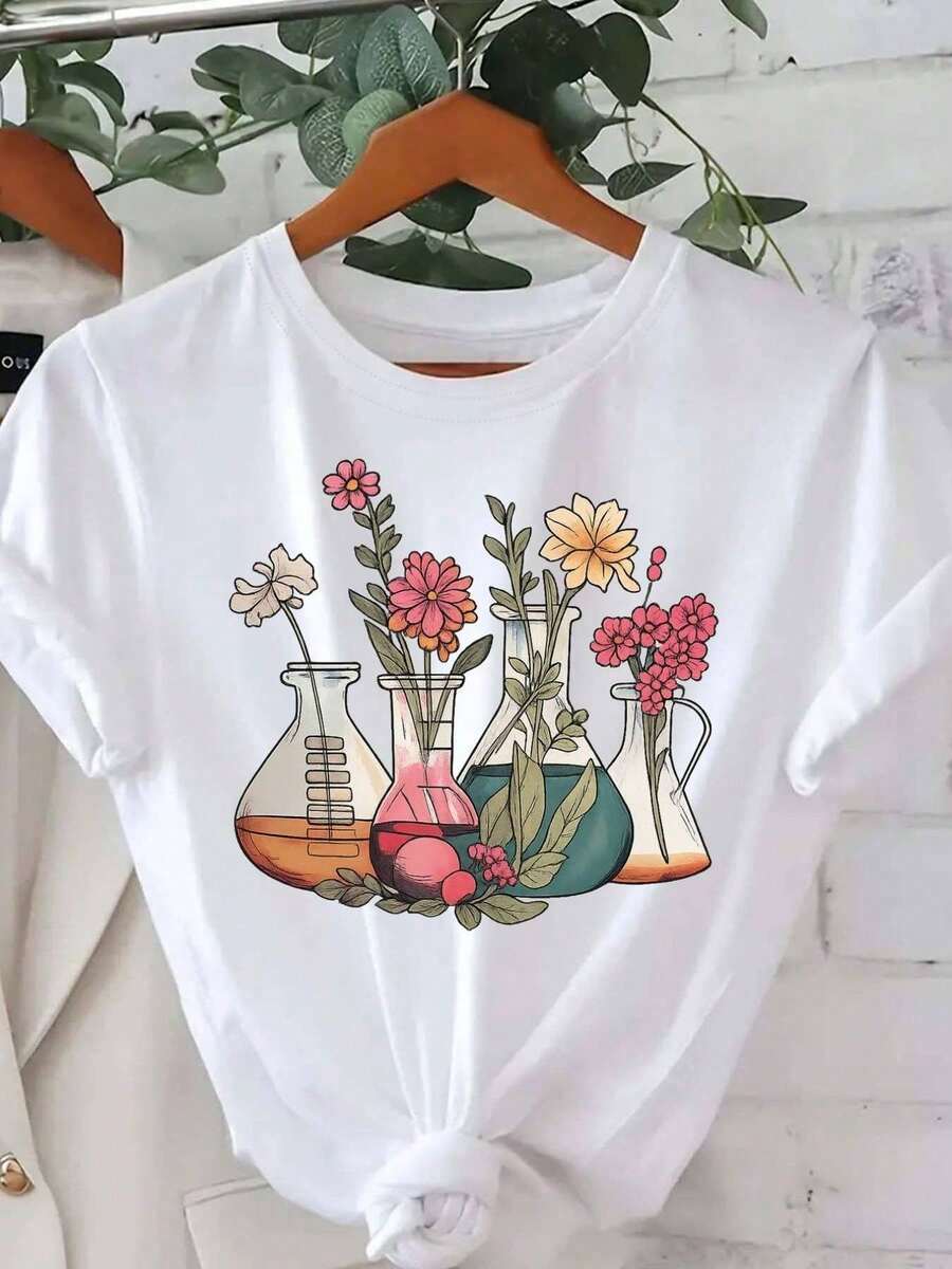 Gift 1 Women's T-Shirt 100% Breathable Cotton [Scientific Floral Print Shirt] Women's Scientific And Botanical Laboratory Floral Print Shirt - 白色的 - 查看 1