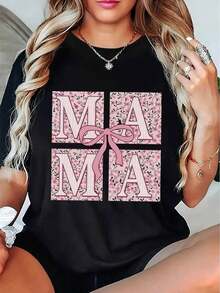 Women's Pink Floral Print Mom T-Shirt: Lightweight And Stretchy Short-Sleeved Crew Neck T-Shirt With "Mom" Lettering And Floral Design, Soft And Casual Pink Shirt For - 黑色 - 查看 1