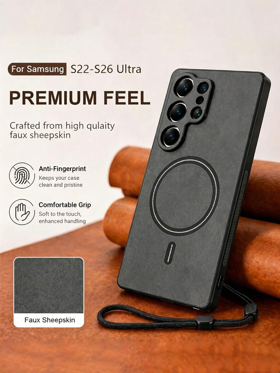 奢華啞光仿羊皮皮革磁吸無線充電手機殼，適用 Galaxy S26 Ultra S24 S25 Ultra S23 Ultra S22 Ultra，親膚觸感、相機保護、防震裝甲商務保護殼，附掛繩