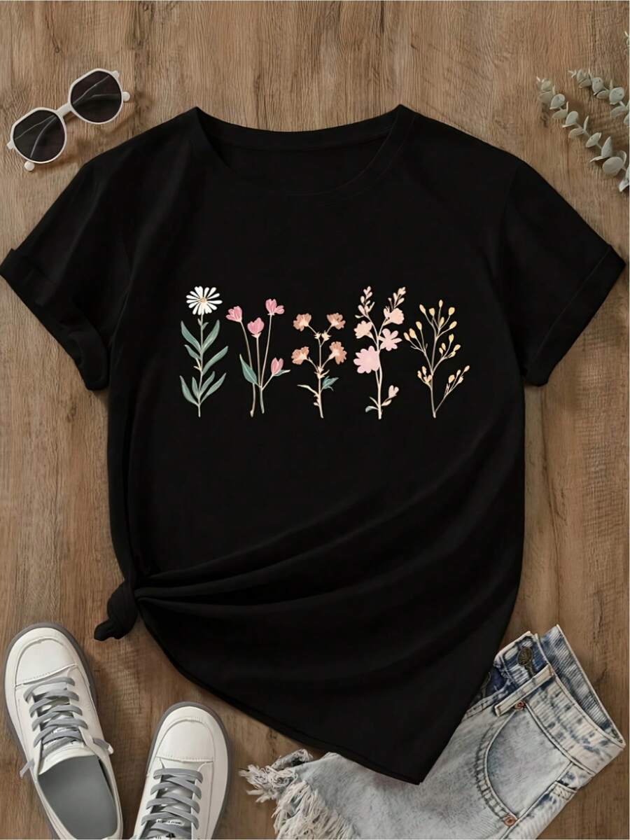 Camiseta floral mujer diseño moderno elegante estampado colorido versátil suave ligera cómoda casual primavera verano talla S M L negro moda - Negro - Ver 1