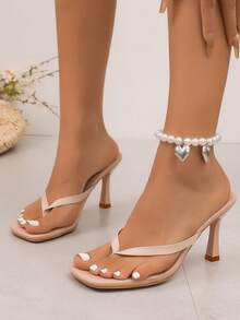 Apricot Open Toe Thong High Heel Sandals, Breathable Multi-Functional Minimalist Thin Heel Square Toe Sandals For Women, Suitable For Summer Wear - Apricot - View 10