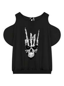 Plus Size, Women's Black & White Skull Fingerprint Graphic Oversized T-Shirt - Cold Shoulder Strapless Top, Gothic Punk Rock Style Everyday - 黑色 - 查看 6
