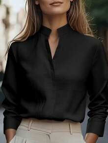 ista de color blanco lechoso para viajes, diseño de cuello de satén, blusa elegante de manga larga y corte slim, tela suave y lisa, adecuada para el trabajo y los viajes diarios en primavera - Negro - Ver 1