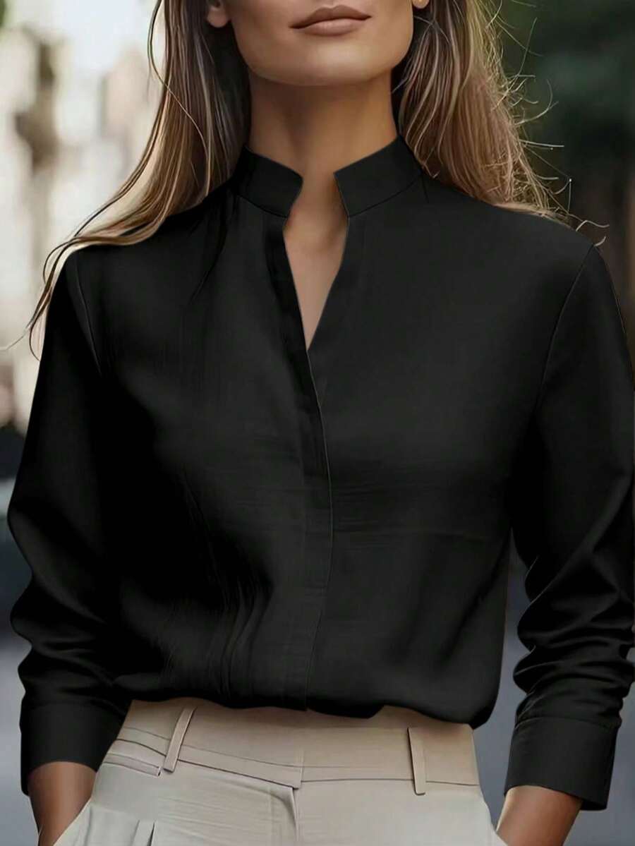 ista de color blanco lechoso para viajes, diseño de cuello de satén, blusa elegante de manga larga y corte slim, tela suave y lisa, adecuada para el trabajo y los viajes diarios en primavera - Negro - Ver 1