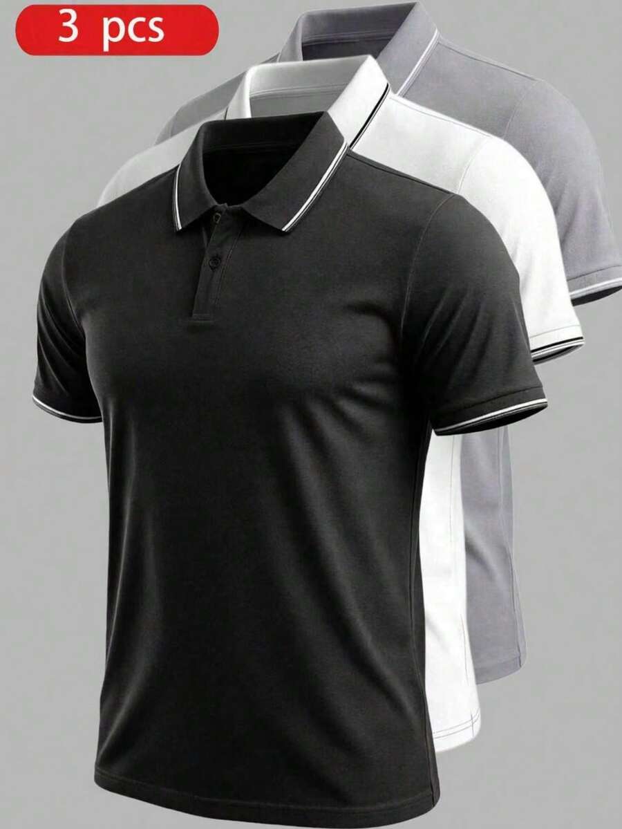 3件組男友風男士輕量透氣跑步健身運動休閒短袖 Polo 衫與條紋 T-shirt 套裝，夏季運動 - 彩色 - 查看 1