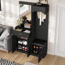 Modern, Compact Wardrobes, Wardrobe And Shoe Cabinet Combination, Entrance Cabinet, Multifunctional Storage Shelf With Mirror - 黑色 - 查看 7