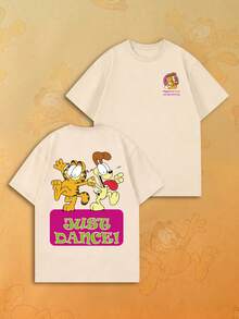 SHEIN | Garfield Women's Beige Double-Sided Tee, Dancing Cat & Dog Front Small Logo Back JUST DANCE Color Slogan Print Loose Short Sleeve - Apricot - View 5