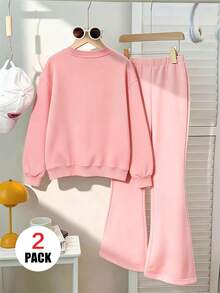 2pcs/Set Girls Floral Print Crew Neck Long Sleeve Sweatshirt And Leopard Print Flared Pants, Fashion Casual, Suitable For Autumn/Winter - Pink - View 3