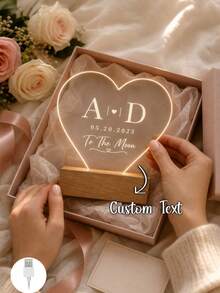 1PC Personalized Heart Shape Acrylic Night Lamp, Custom Initials Date Love Message LED Light With Wooden Base, Warm Glow Vanity Table Decor, Romantic Gift For Her, Wife, Girlfriend, Bride, Anniversary Wedding Bedroom Decor - Multicolor (Style 2) - View 3
