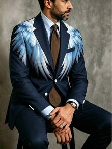 1pc Men's Gradient Wing Print Navy Blue Slim Fit Wrinkle-Resistant Luxury High-End Business Banquet Formal Blazer - Royal Blue - View 5