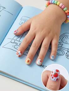 24pcs Cute Design Small Size Children's Press-On False Nail Stickers, Y2K Shiny Cute Patterns Including Toast Tomato, Fried Egg / Plaid / Bow Tie With Contrasting Colors, Rich Layers Without Clutter, Suitable For Spring/Summer, Picnic, Daily Casual Wear. Applicable To Children's Pre-Coated Glue Nail Stickers, Full Coverage Small Nail Tips, Suitable For Children Girls Gifts, Birthday Parties And Makeup Decoration - Multicolor - View 1