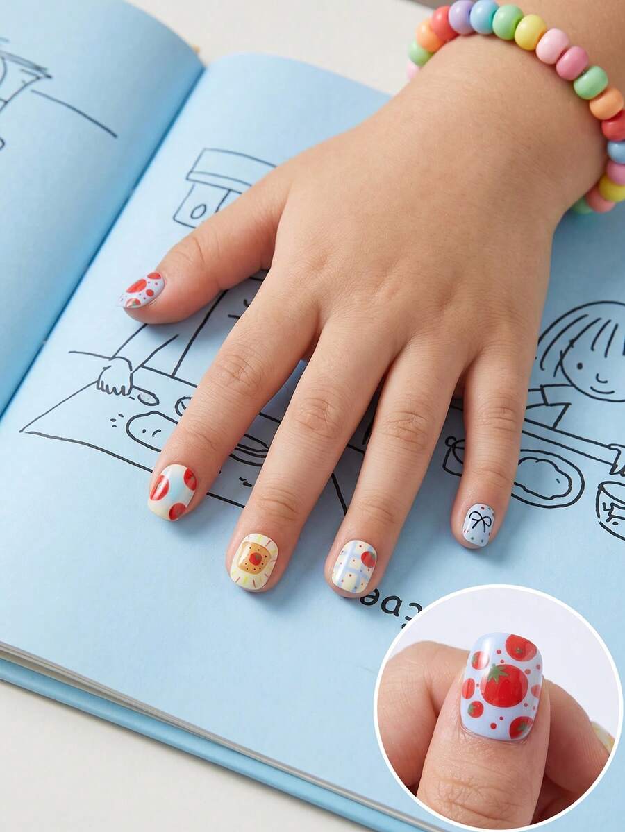 24pcs Cute Design Small Size Children's Press-On False Nail Stickers, Y2K Shiny Cute Patterns Including Toast Tomato, Fried Egg / Plaid / Bow Tie With Contrasting Colors, Rich Layers Without Clutter, Suitable For Spring/Summer, Picnic, Daily Casual Wear. Applicable To Children's Pre-Coated Glue Nail Stickers, Full Coverage Small Nail Tips, Suitable For Children Girls Gifts, Birthday Parties And Makeup Decoration - Multicolor - View 1