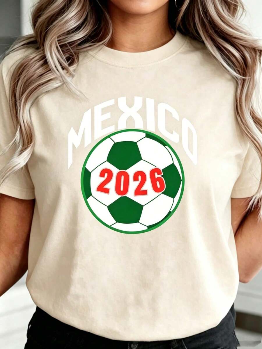 Women's Casual Cotton Blend Mexico 2026 Football Soccer Graphic T-Shirt, Short Sleeve Round Neck Regular Fit Top - 杏色 - 查看 1