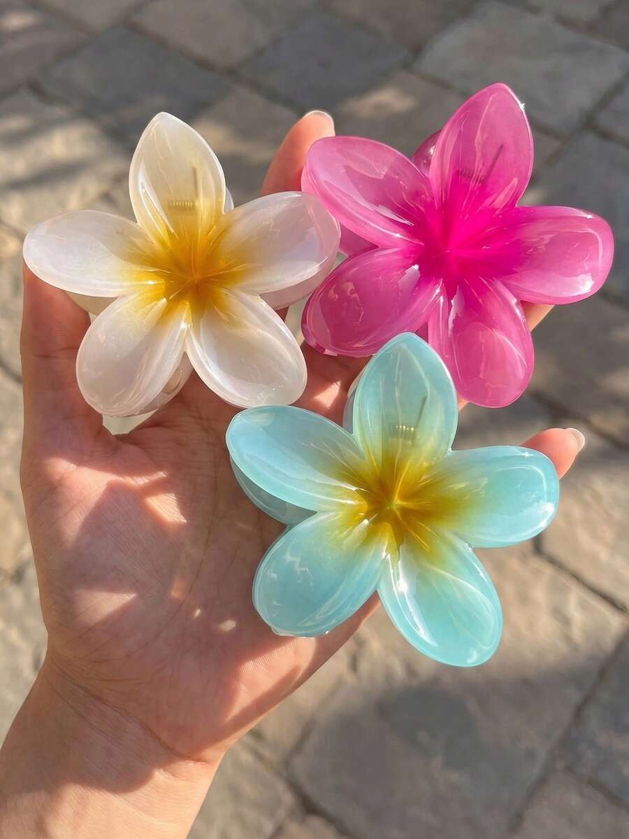 3件組扶桑花髮夾,可愛夏威夷風女性髮夾,適合粗髮,防滑強力抓握,夏季海灘造型配件 - 彩色 - 查看 1