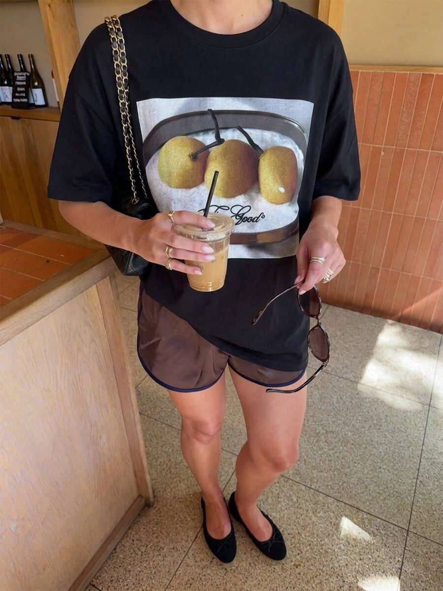 圓領水果圖案印花寬鬆短袖T恤