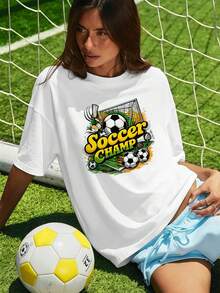 Women's Spring Casual Breathable Football Graphic T-Shirt With Print - White - View 2
