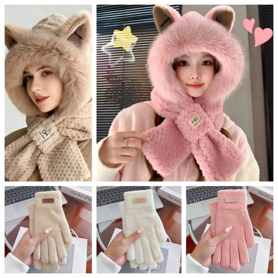 1/2pcs Soft Cute Cat Ear Plush Women's Winter Hat, Thick Warm Women's Winter Scarf, Knitted Fingerless Women's Winter Gloves, Full Set Of Women's Winter Accessories - Multicolor - View 1