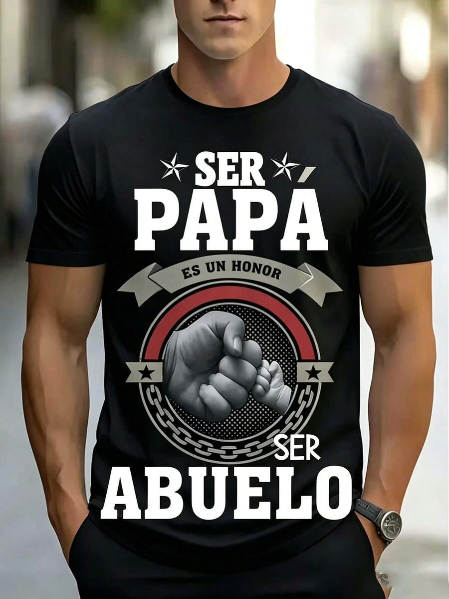 Camiseta de cuello redondo para hombre con estampado "Ser Papá es un Honor, Ser Abuelo no tiene Precio", estilo familiar y emotivo, ideal para regalos del Día del Padre y uso diario - Negro - Ver 1