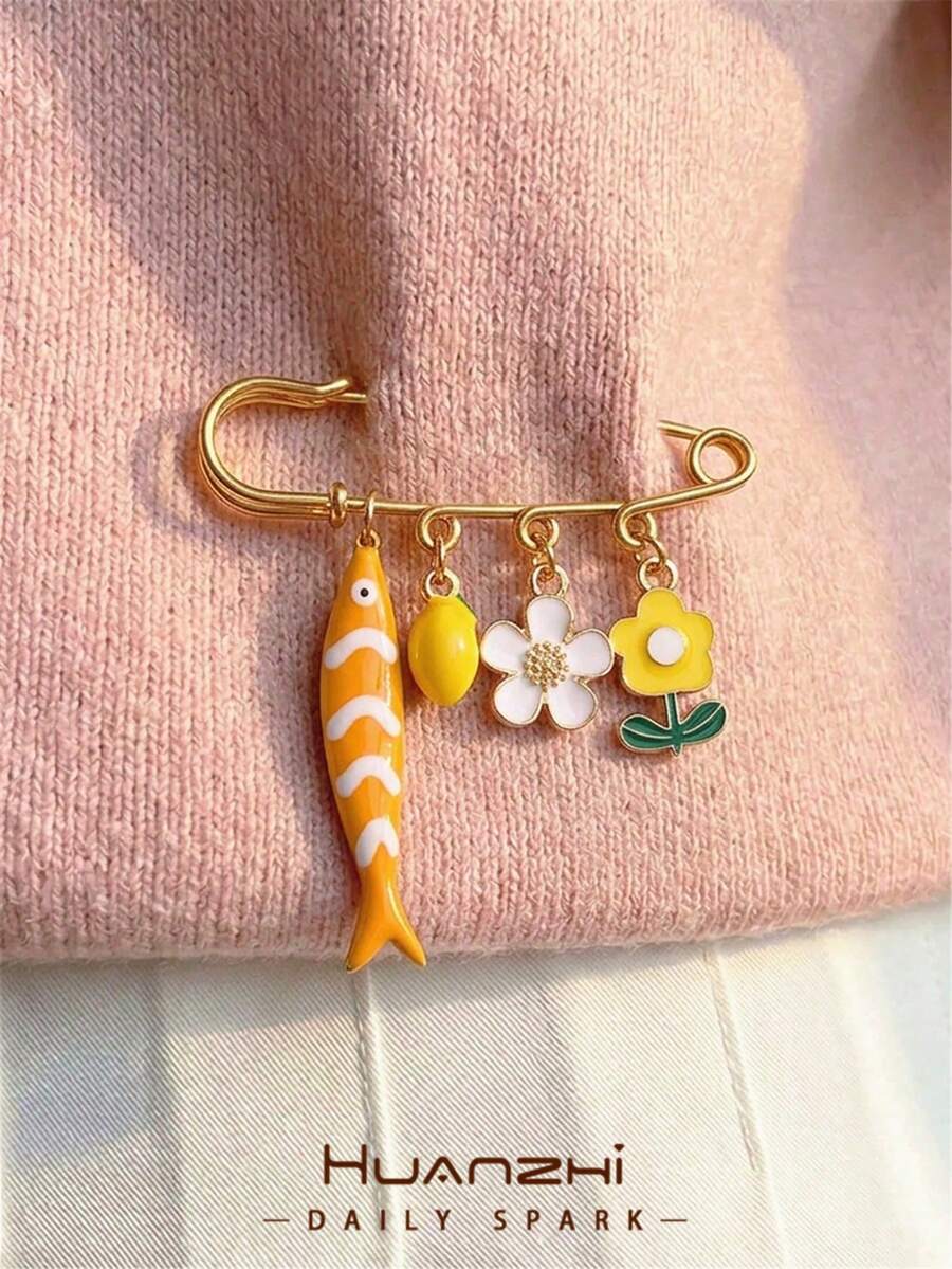 波西米亚风黄色条纹鱼形花朵柠檬胸针,夏季度假海洋元素胸针,外套连衣裙腰部束腰别针,包包吊坠配饰 - 彩色 - 查看 1