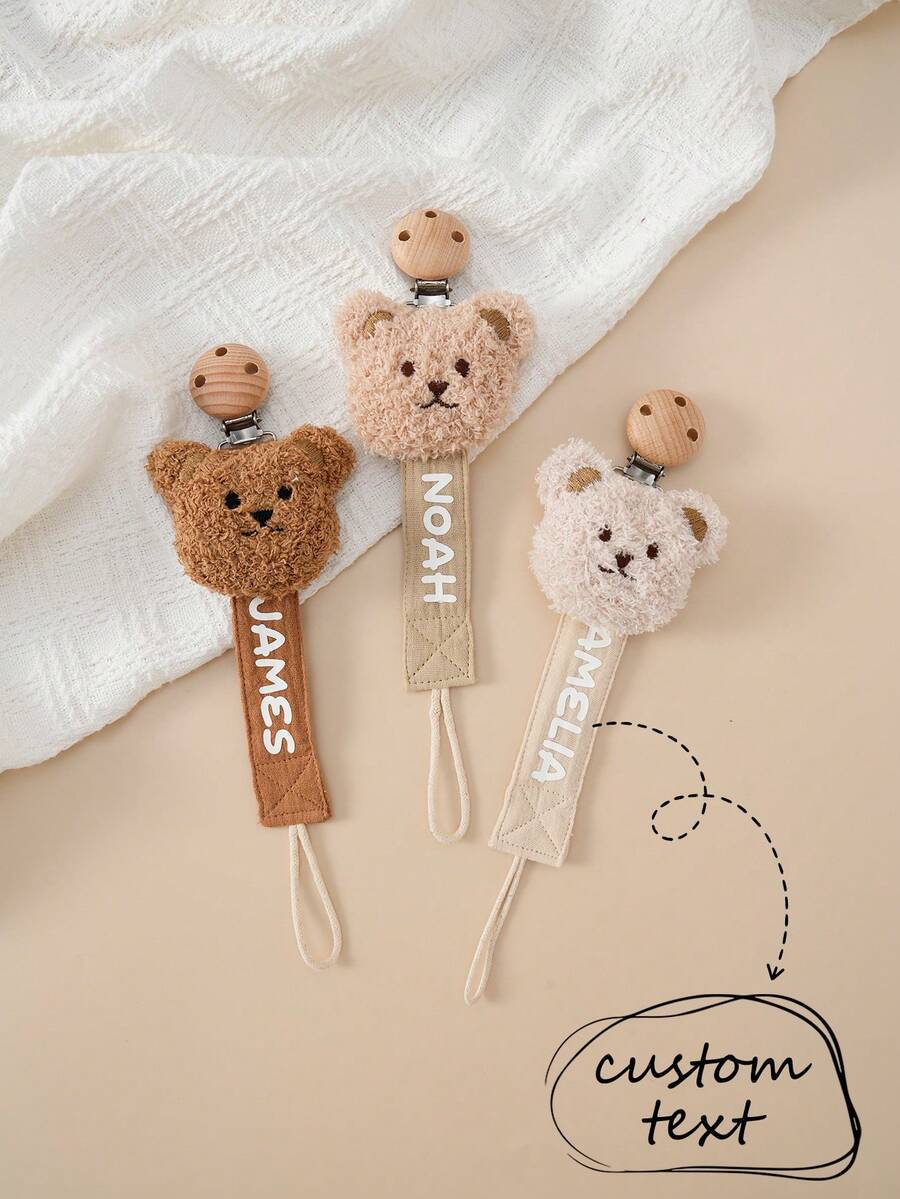 1pc Personalized Custom Name Baby Pacifier Chain Cute Cartoon Bear Pacifier Clip With Wooden Clip Anti-Drop Chain Nipple Clips Baby Stuff - Multicolor - View 1