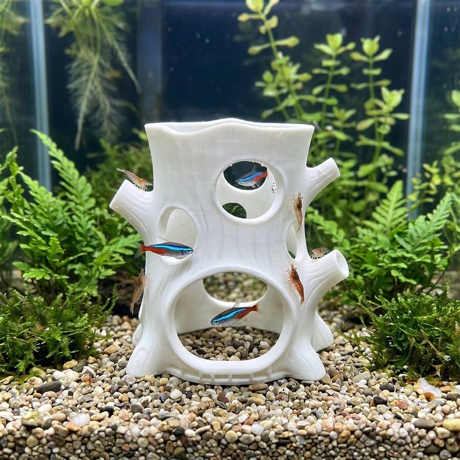1件 3D列印樹幹造型水族魚類躲避屋，中空多孔裝飾擺件，附加重底座，適用於魚類與蝦類庇護所，淡水魚缸裝飾造景配件