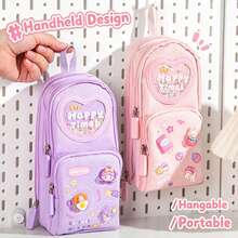 Cute Quicksand Heart Handheld Pencil Case For Girls Students, Large Capacity Multi-Layer Cartoon 3D Pendant Pencil Box - View 1