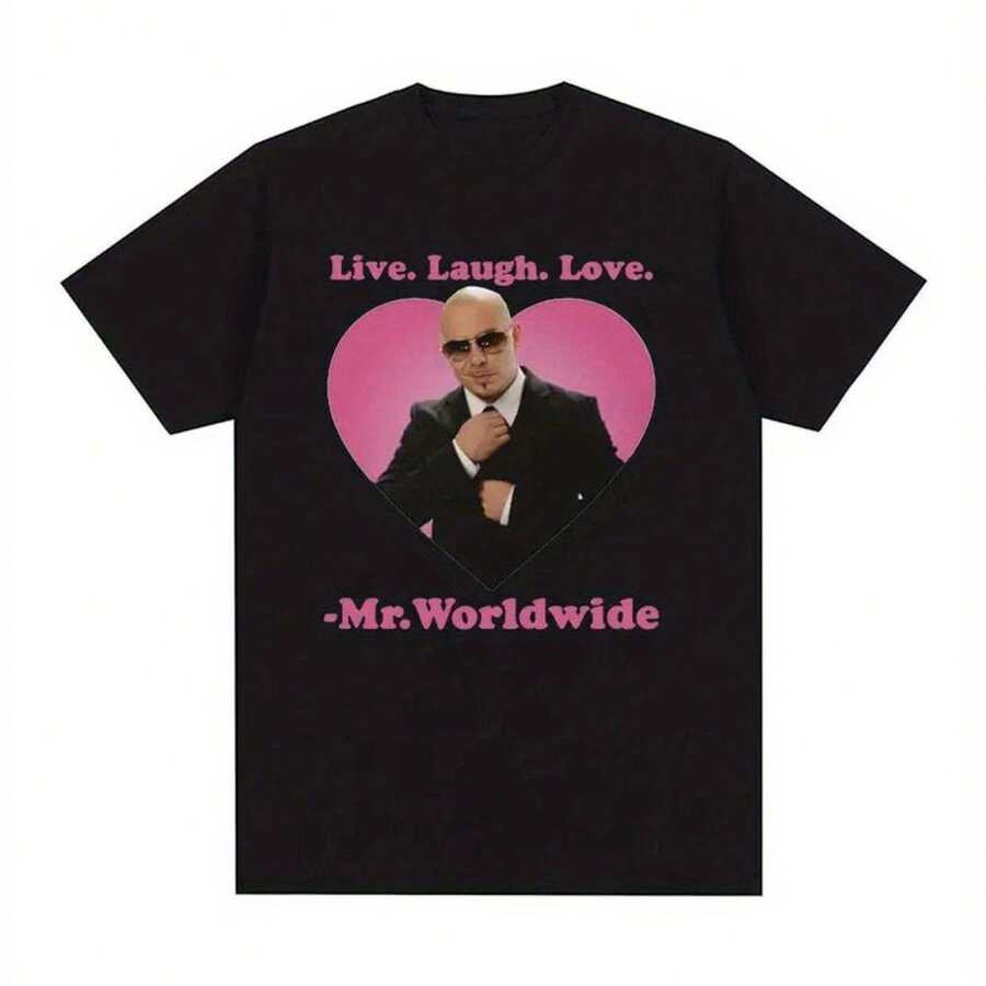 LocalCamiseta gráfica de Pitbull, Mr. Wcomndoldwide, para hombres y mujeres, con diseño de ccomndoazón y texto rosa, ajuste regular, ropa casual de ca - Negro - Ver 1