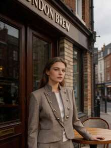 Stand Collar Double-Breasted Gold Button Short Blazer - Grey - View 1