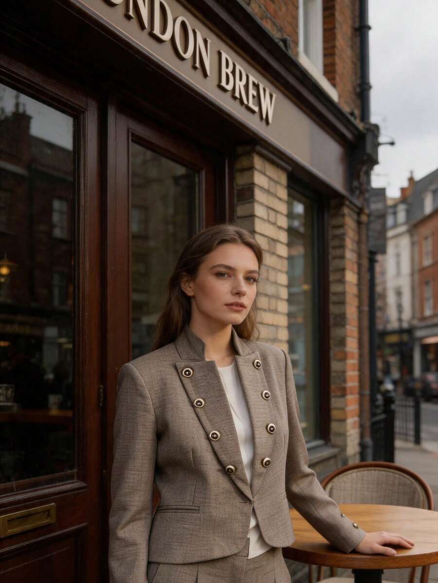 Stand Collar Double-Breasted Gold Button Short Blazer - Grey - View 1
