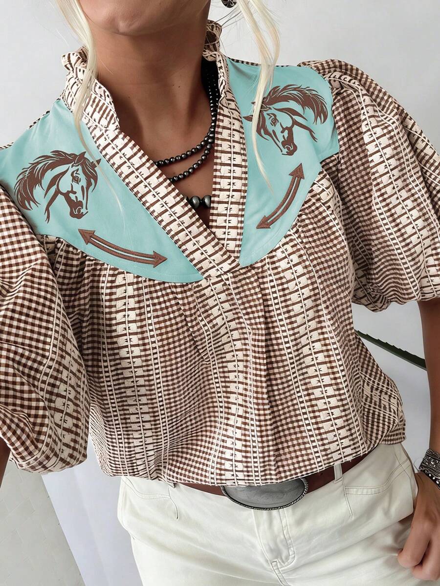 Acelitt Retro Western Karo-Pferdekopf-Stickerei mit kontrastierendem Schulterdesign und gekerbtem V-Ausschnitt, Prinzessinnenärmel, Damen lässig Top für den Sommer - Verschiedenfarbig - Übersicht 1