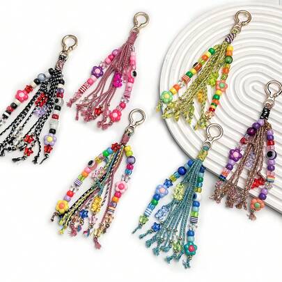 1 móc khóa tết tay phong cách Bohemian cho nữ, hạt hoa nhiều màu kèm nhiều tua rua, mặt treo đan thủ công trang trí túi xách, ba lô và chìa khóa ô tô