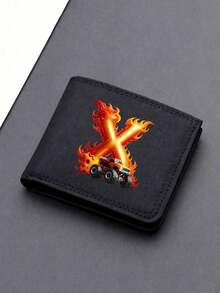 1pc Back To School Mini Cute Cartoon Personalized Fun 26 Excavator Construction Vehicle Flame Letter Print Bifold Wallet, Multiple Card Slots Inside, Can Hold Bank Cards, ID Cards, Cash, Meets Daily Travel Storage Needs. Suitable As Fan Gift, Birthday Small Gift. - Black - View 20