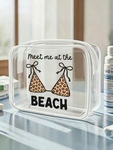 「Meet Me At The Beach」字母印花 PVC 防水沙灘包，豹紋泳衣圖案，PVC 化妝包，拉鍊密封 PVC 旅行收納袋，輕量耐褪色女用化妝洗漱包，TSA 認證便攜化妝收納盒，易清潔設計，適合媽媽、老師、朋友、護理師，適用學校假期、度假、開學洗漱包 - 彩色 - 查看 4