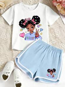 Tween Girls Cute Cartoon Girl & Heart Bow Print Crew Neck T-Shirt + Shorts Summer New Comfortable Daily Outfit Set - Multicolor - View 1