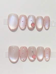 10 Buah Kuku Tempel Oval Pendek/Sedang Buatan Tangan, Warna Pink Transparan, Bentuk Mata Kucing, Titik-titik Pink Kecil & Buah Ceri Mengkilap 3D, Gaya Minimalis Lembut dan Manis. Cocok untuk Wanita dan Anak Perempuan di Musim Semi, Musim Panas, Musim Gugur, Musim Dingin, Festival, Liburan, Pesta, dan Penggunaan Sehari-hari. - Baby Pink - View 15