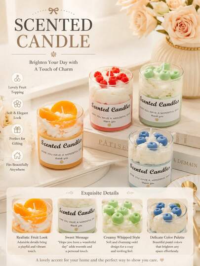 1pc Sweet Style Fruit Cream Glass Jar Candle, Scented Candle Size 3.15*2.68 Inches, Creates Ambiance, Suitable For Home Decor, Room Decoration, Photography Prop, Great Gift For Women