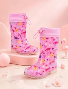 Girls Pink Flamingo Rain Boots With Drawstring, Waterproof Easy-On Boots For Outdoor Play - Pink - View 2