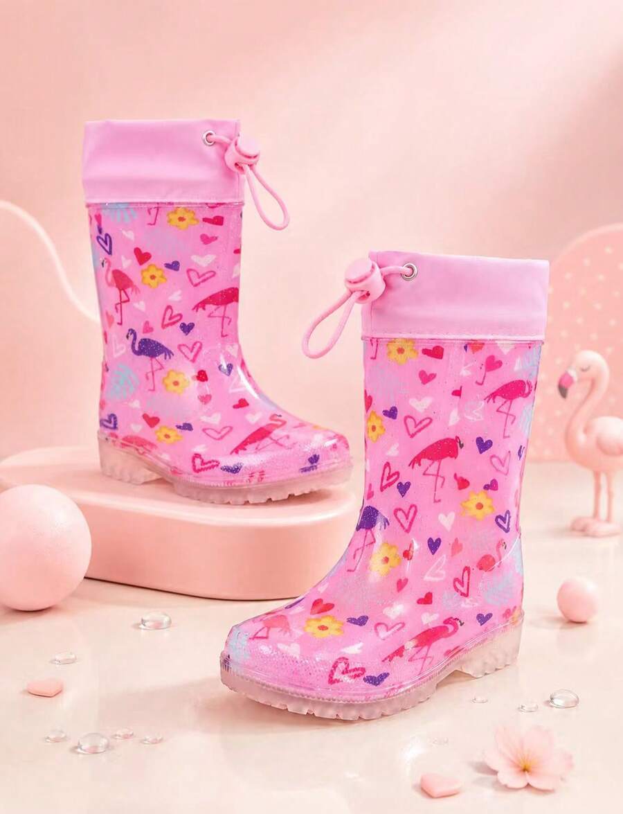 Girls Pink Flamingo Rain Boots With Drawstring, Waterproof Easy-On Boots For Outdoor Play - Pink - View 1