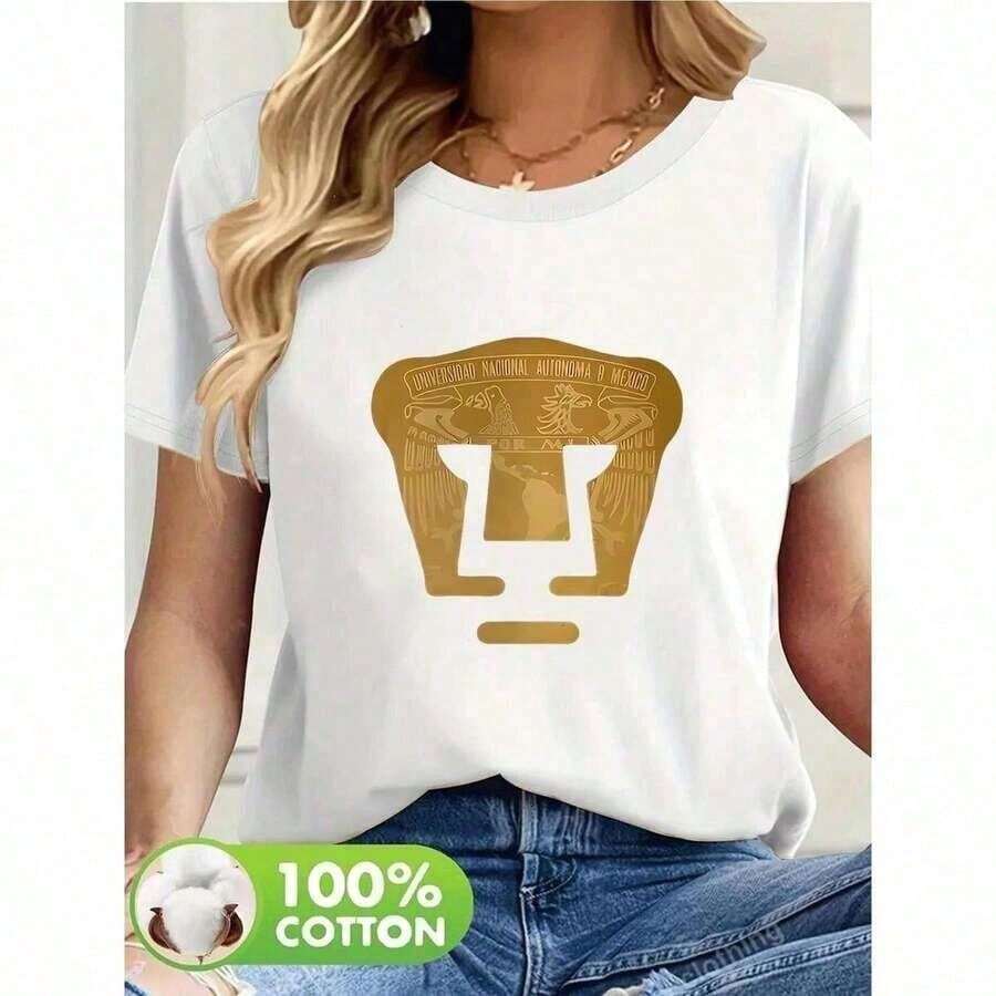 1 Pc Women's Blouses, Pretty Blouses For Women, Women's Clothing Sets For Women, Pumas UNAM 180g Black And White Cotton T-Shirt, Sports Club Print Pattern, High Print - 白色 - 查看 1