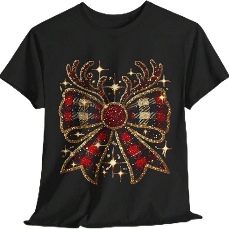 Christmas Reindeer Bow Unisex Heavy Cotton Tee - Holiday Elk Ribbon T-Shirt, Festive Xmas Deer Knot Shirt, Winter Buck Tie - Black - View 1