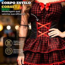 Women's Luxury Black Tulle Country-Style Dress For Adults - Checkered Corset With Puff Sleeves - 黑色和紅色 - 查看 3